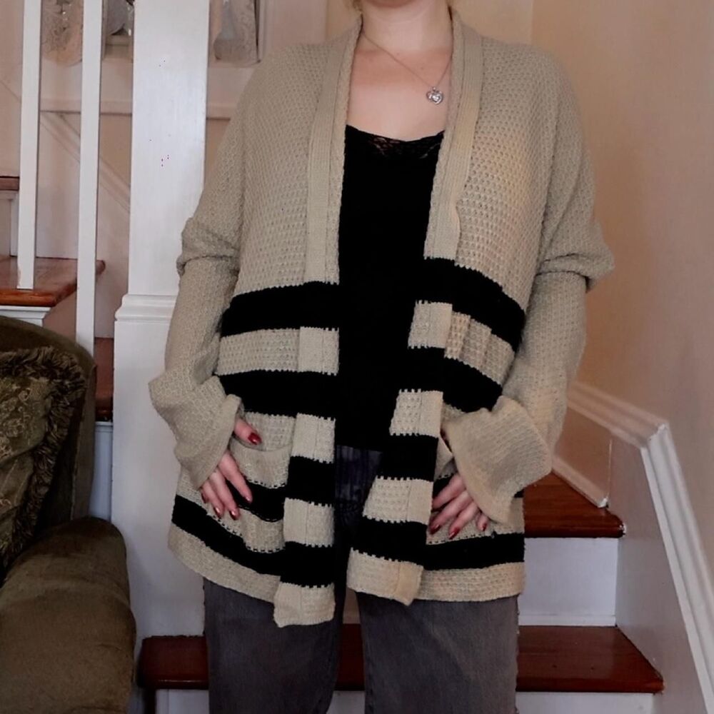 BDG Beige Black Striped Cardigan Sz Large Y2K Boho Waterfall Urban Outfitters